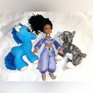 Plush Toy Bundle Of 3: Blue Horse, Gray Kitty and Jasmine Girl Has Some Damages